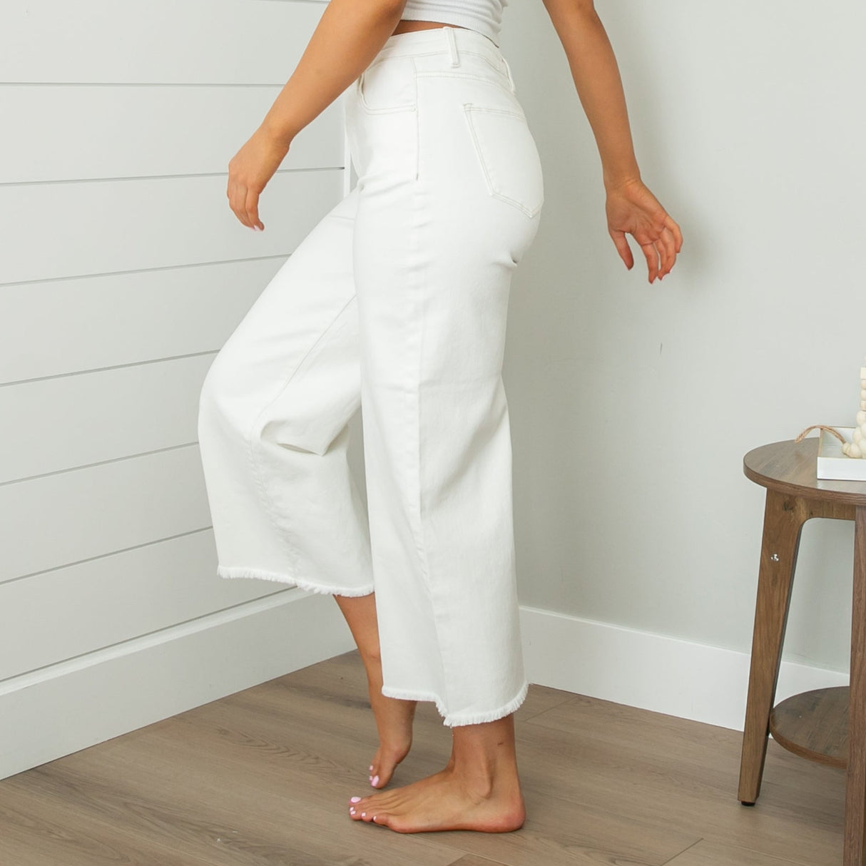 Risen High Rise Cream Cropped Wide Leg Jeans