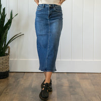 Risen High Rise Back Slit Long Denim Skirt