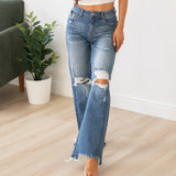 Risen High Rise Distressed Knee Wide Leg Jeans