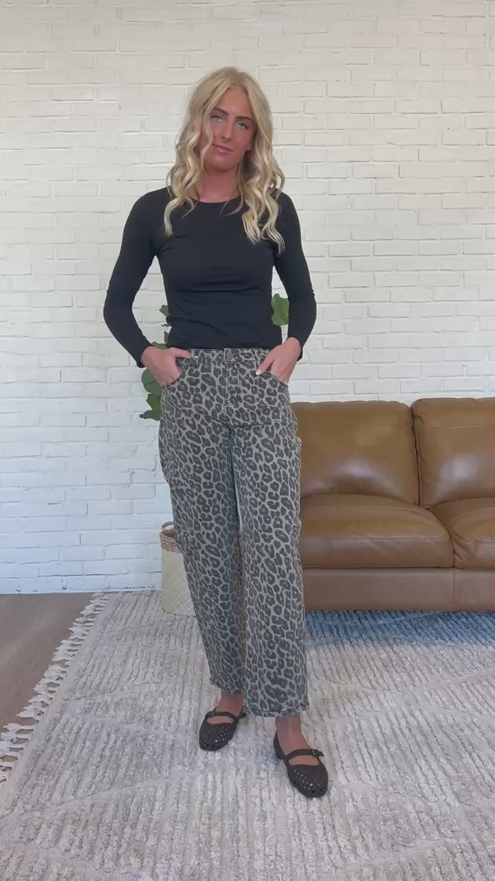 Risen Mid Rise Leopard Barrel Jeans